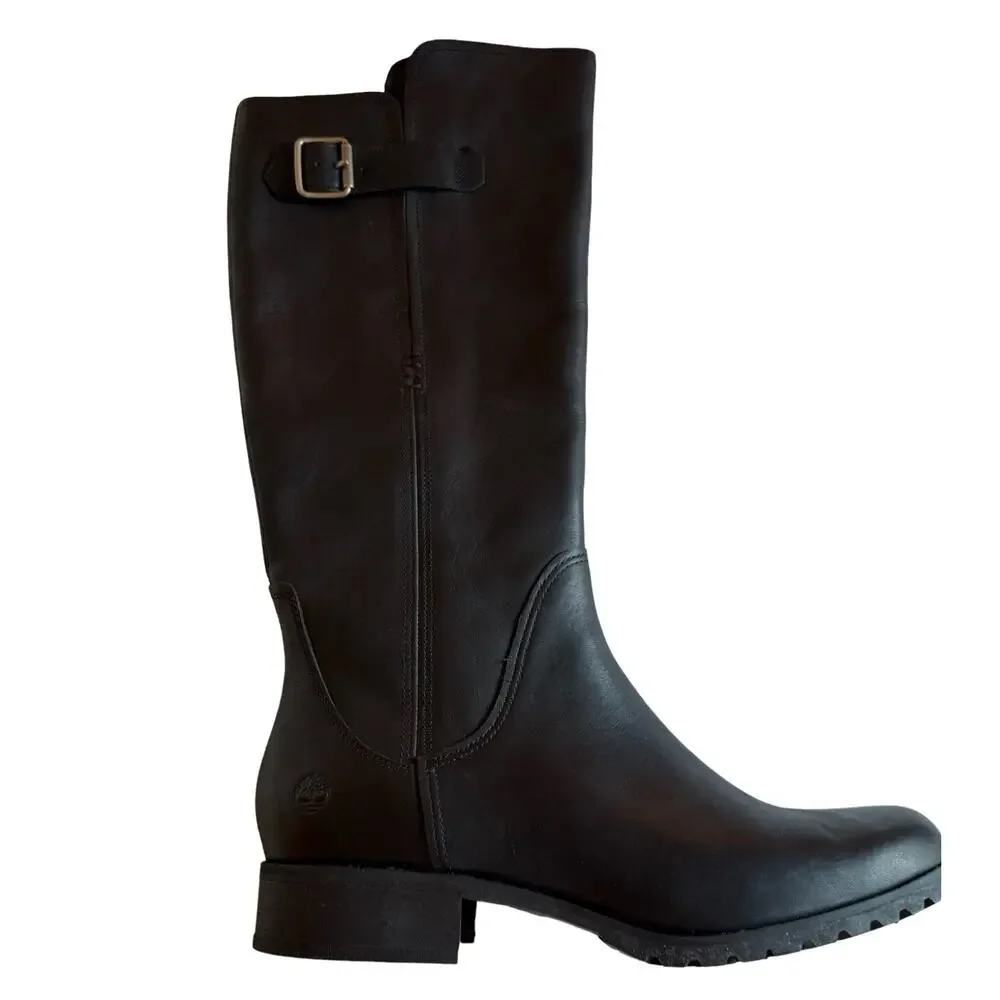 Timberland Boots Womens Size 11 Black Leather Knee High Riding Boot Side Zip